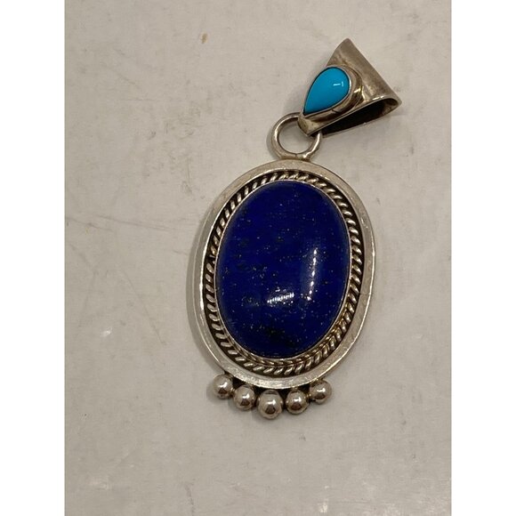 Sterling Silver Lapis Lazuli & Turquoise Pendant Oval Rope Detail Running Bear 9 - Picture 2 of 5